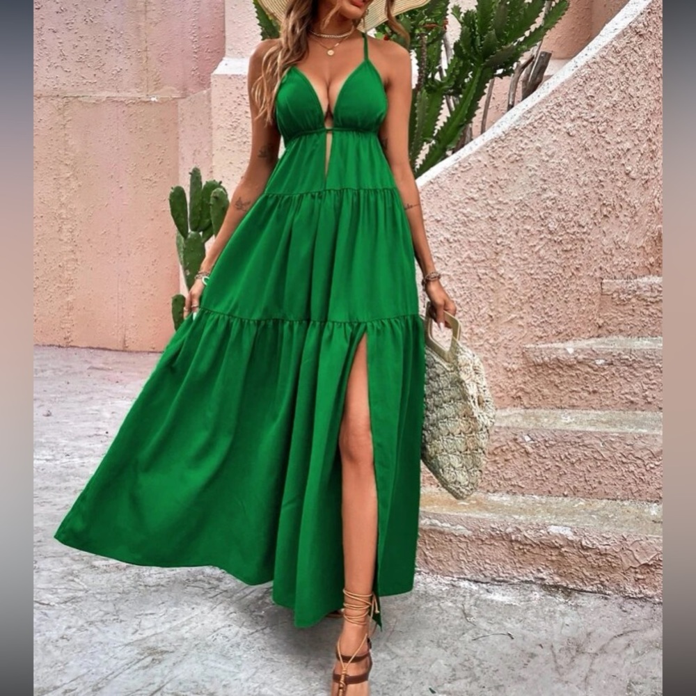 Boho crisscross open back ruffle hem cami maxi dress